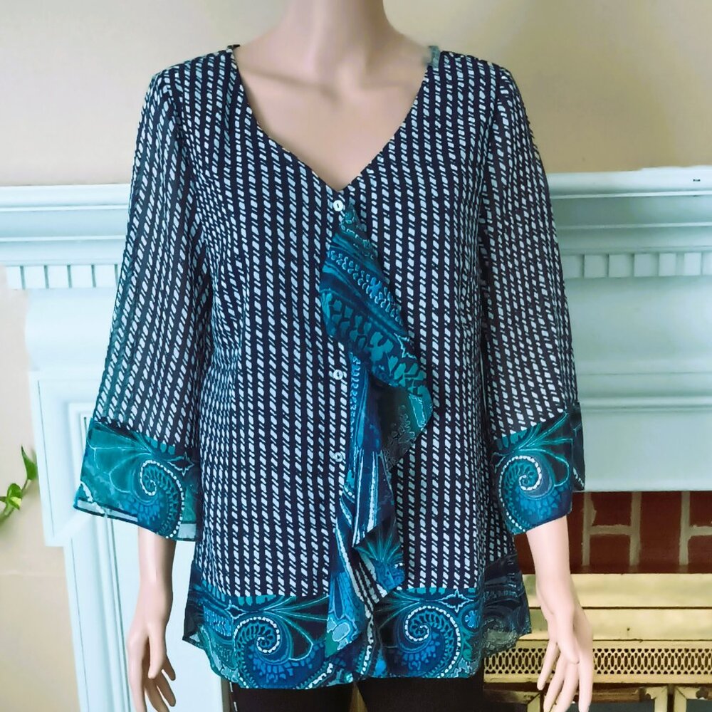 Isaac Mizrahi Paisley Ruffle Top S Black & Blue Button Up Sheer Lined Blouse